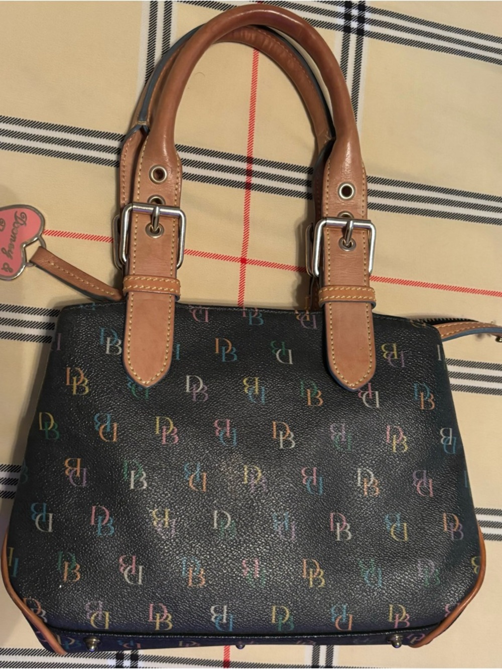 Dooney & Bourke Black Satchel with Multicolor Monogram and Tan Handles